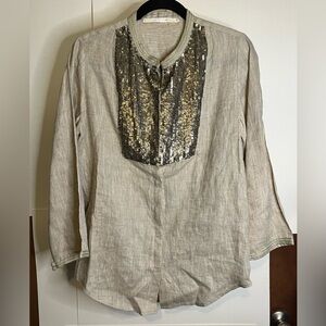 Margaret Women’s Sz M Button Down Linen Tunic Top w/ Metal Sequins India